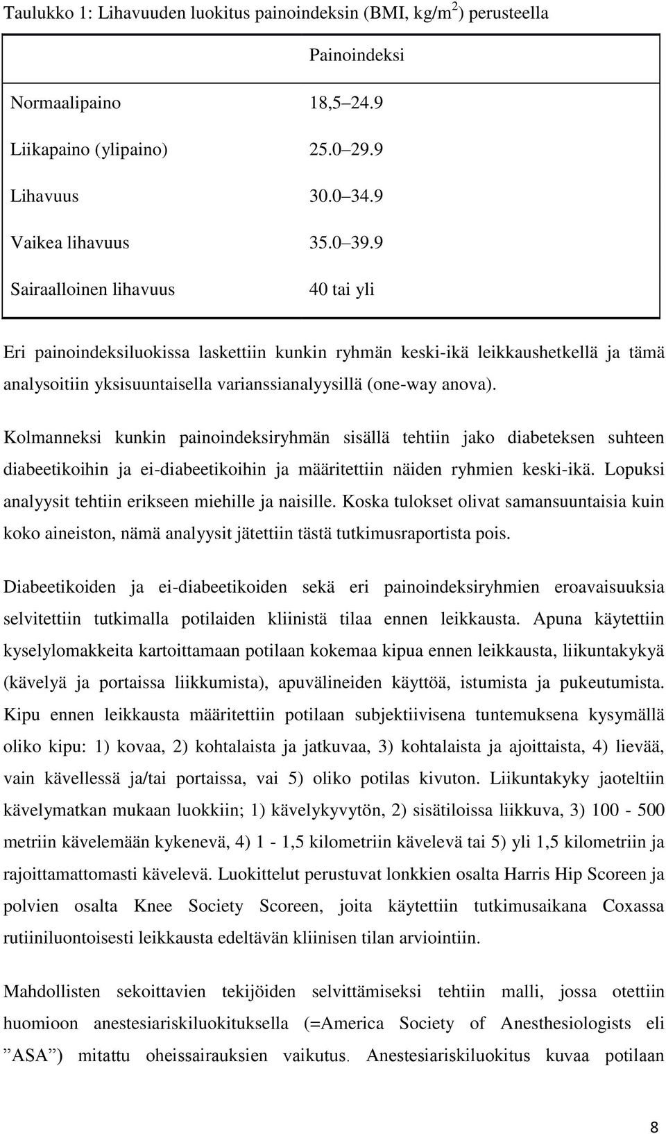 Kolmanneksi kunkin painoindeksiryhmän sisällä tehtiin jako diabeteksen suhteen diabeetikoihin ja ei-diabeetikoihin ja määritettiin näiden ryhmien keski-ikä.