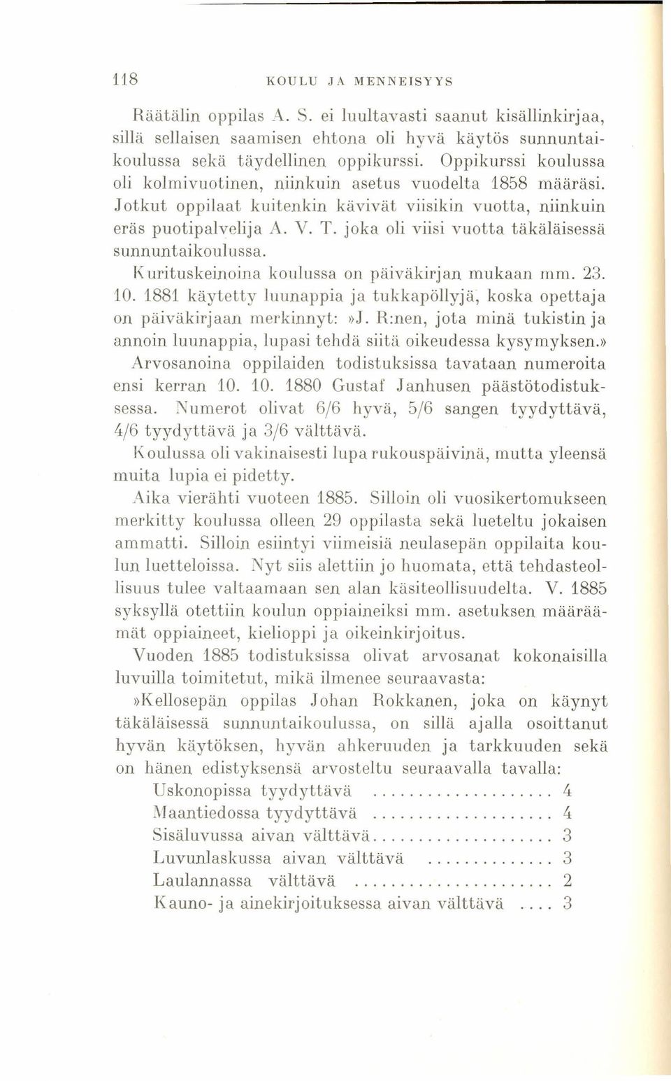 joka oli viisi vuotta täkäläisessä sunnuntaikou lussa. I( urituskeinoina koulussa on päiväkirjan mukaan mm. 23. 10.