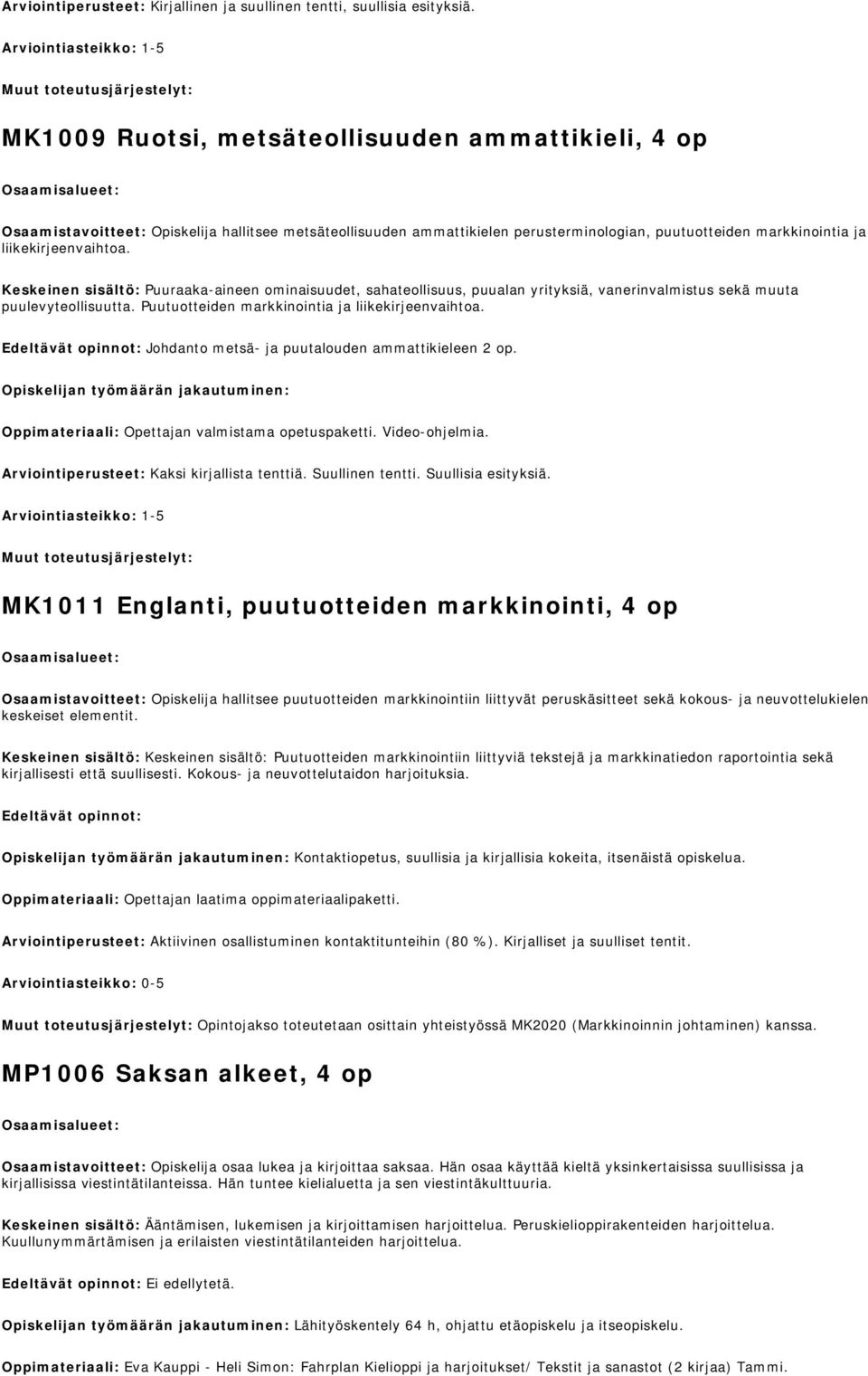 Keskeinen sisältö: Puuraaka-aineen ominaisuudet, sahateollisuus, puualan yrityksiä, vanerinvalmistus sekä muuta puulevyteollisuutta. Puutuotteiden markkinointia ja liikekirjeenvaihtoa.