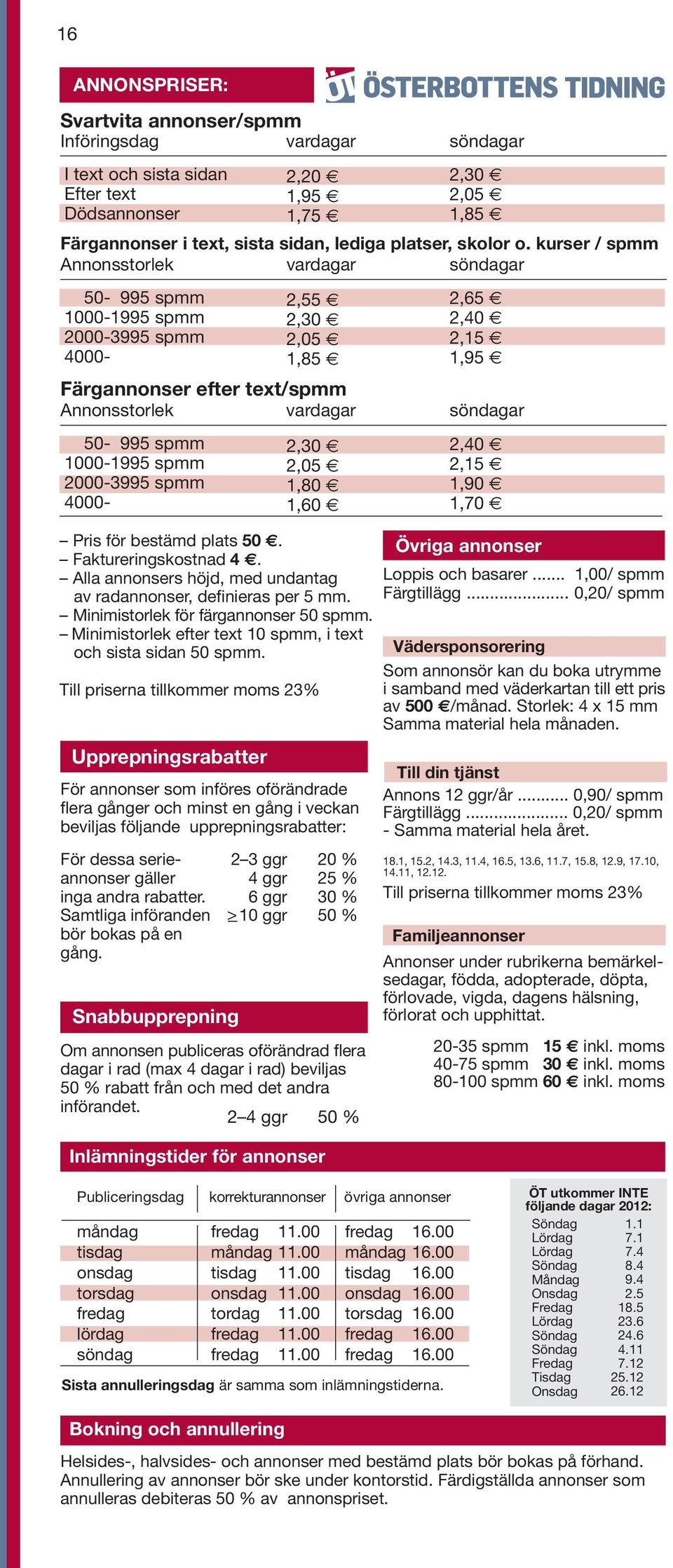 Till priserna tillkommer moms Upprepningsrabatter För annonser som införes oförändrade flera gånger och minst en gång i veckan beviljas följande upprepningsrabatter: Snabbupprepning,0,, Om annonsen