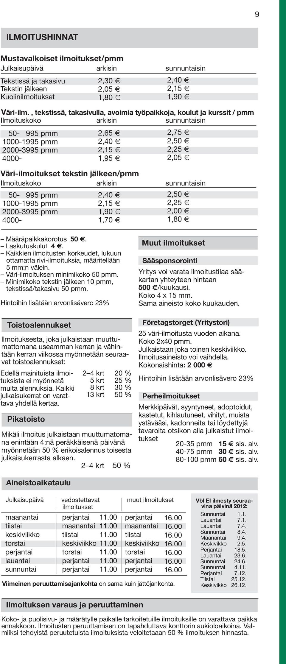 sunnuntaisin 0- pmm 000- pmm 000- pmm 000-,,0,,,0,,0,0,,0,,0,0,,00,0 Määräpaikkakorotus 0. Laskutuskulut. Kaikkien ilmoitusten korkeudet, lukuun ottamatta rivi-ilmoituksia, määritellään mm:n välein.