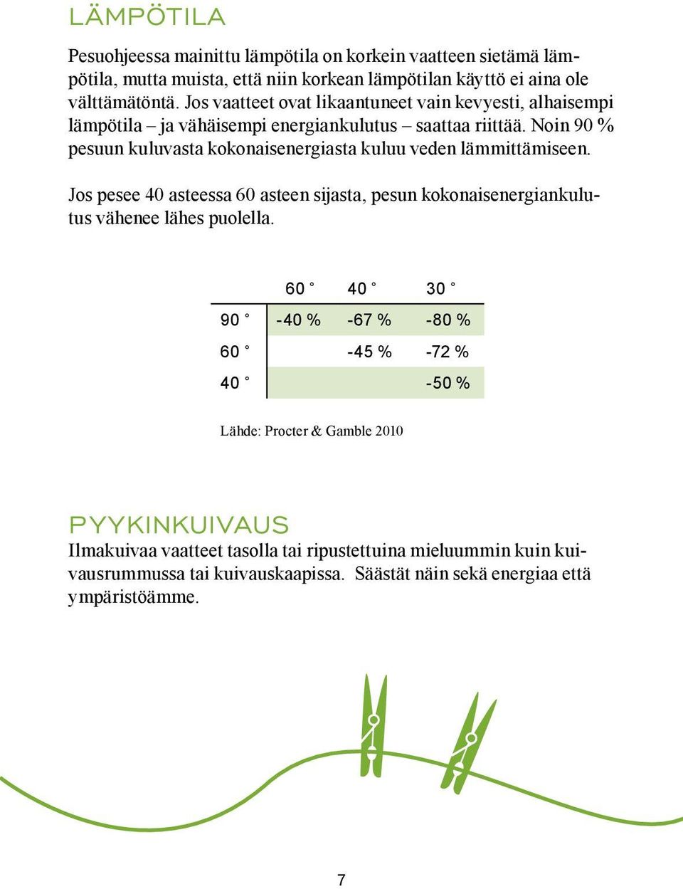 Noin 90 % pesuun kuluvasta kokonaisenergiasta kuluu veden lämmittämiseen. Jos pesee 40 asteessa 60 asteen sijasta, pesun kokonaisenergiankulutus vähenee lähes puolella.