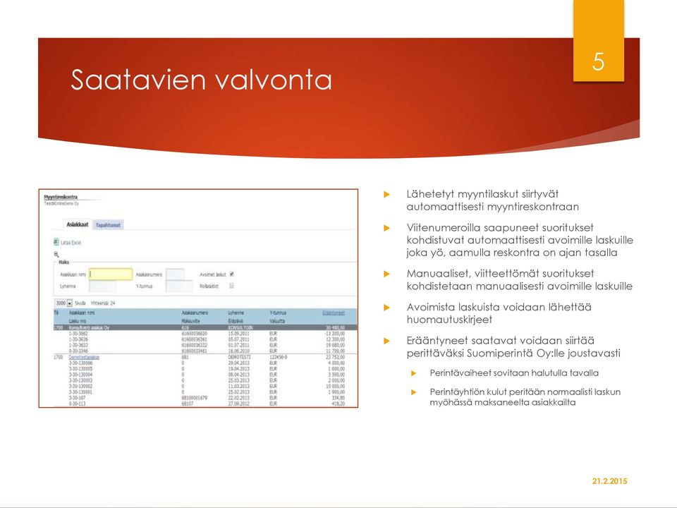 manuaalisesti avoimille laskuille Avoimista laskuista voidaan lähettää huomautuskirjeet Erääntyneet saatavat voidaan siirtää perittäväksi