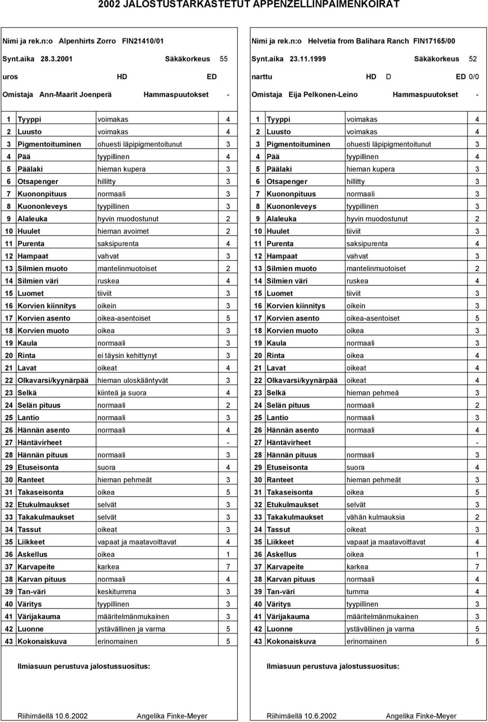 1999 Säkäkorkeus uros HD ED narttu HD D ED 0/0 Omistaja AnnMaarit Joenperä Hammaspuutokset Omistaja Eija PelkonenLeino Hammaspuutokset 1 Tyyppi 1 Tyyppi Luusto Luusto Pigmentoituminen ohuesti