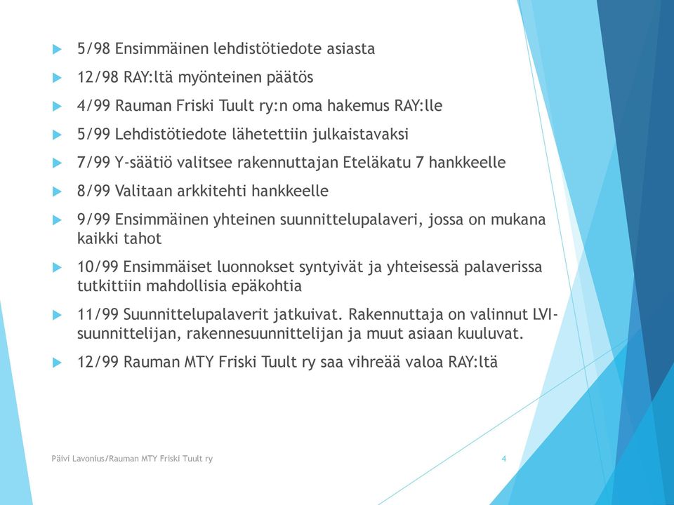 mukana kaikki tahot 10/99 Ensimmäiset luonnokset syntyivät ja yhteisessä palaverissa tutkittiin mahdollisia epäkohtia 11/99 Suunnittelupalaverit jatkuivat.