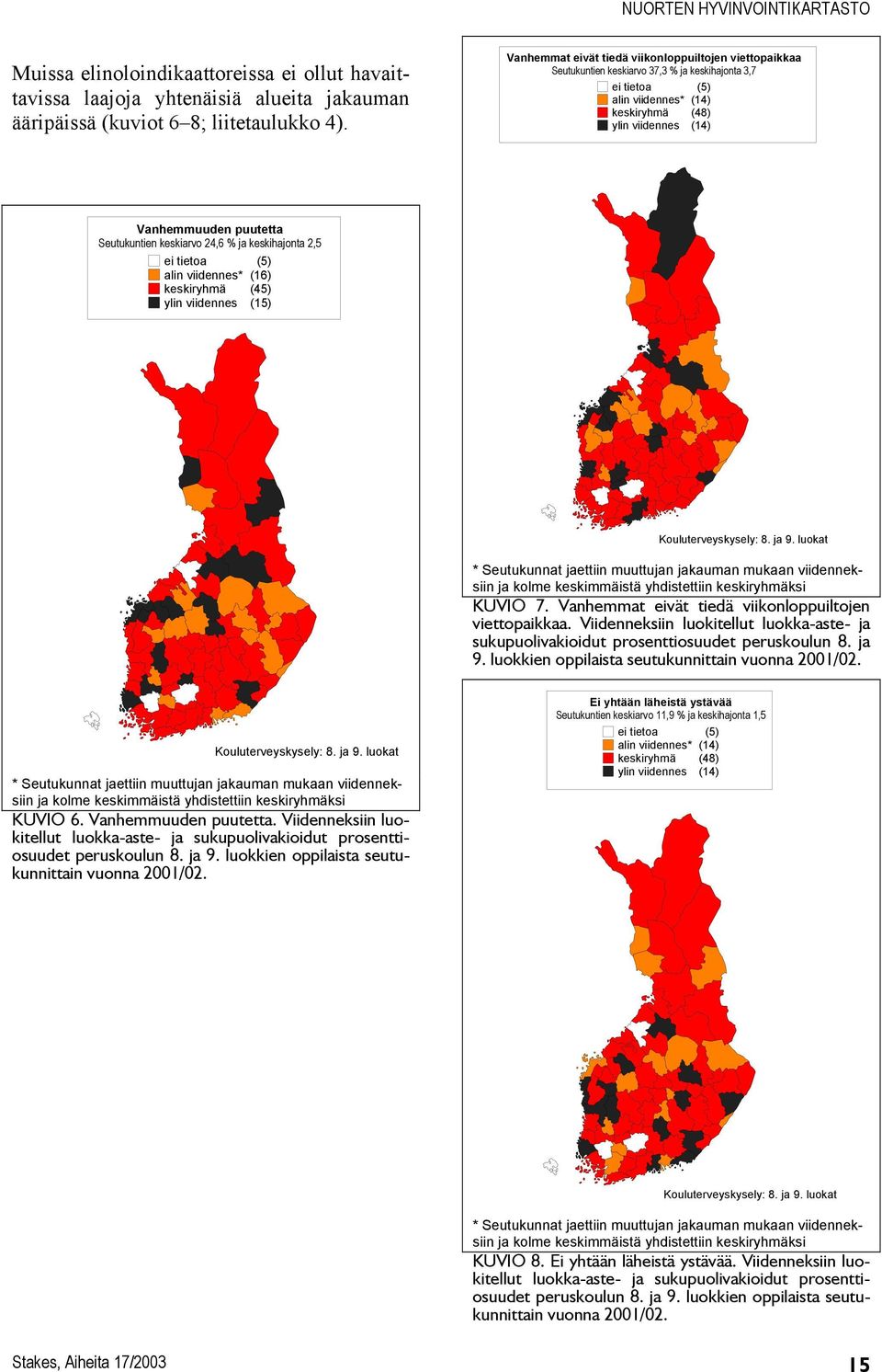 keskiarvo 24,6 % ja keskihajonta 2,5 alin viidennes* (16) keskiryhmä (45) ylin viidennes (15) KUVIO 7. Vanhemmat eivät tiedä viikonloppuiltojen viettopaikkaa.