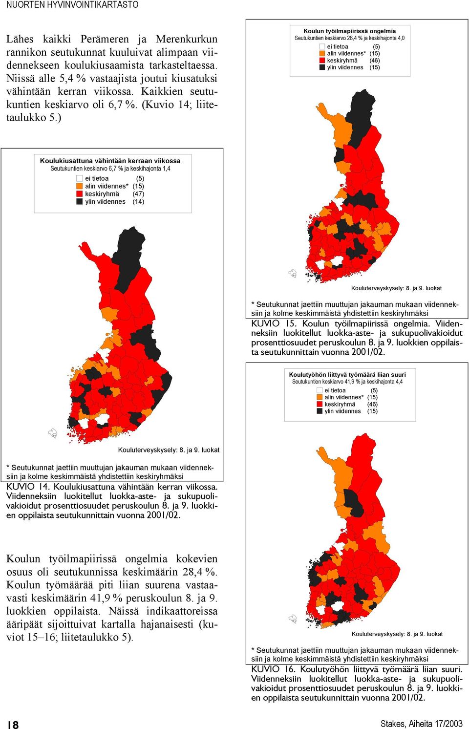 ) Koulun työilmapiirissä ongelmia Seutukuntien keskiarvo 28,4 % ja keskihajonta 4,0 alin viidennes* (15) keskiryhmä (46) ylin viidennes (15) Koulukiusattuna vähintään kerraan viikossa Seutukuntien