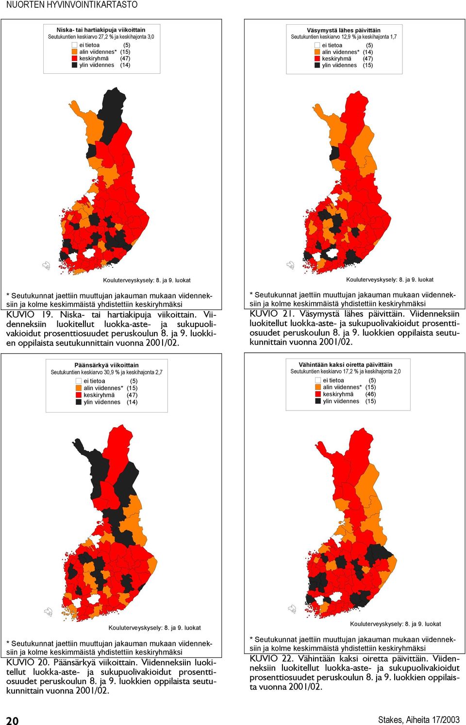 Viidenneksiin luokitellut luokka-aste- ja sukupuolivakioidut prosenttiosuudet peruskoulun 8. ja 9. luokkien oppilaista seutukunnittain vuonna 2001/02. KUVIO 21. Väsymystä lähes päivittäin.