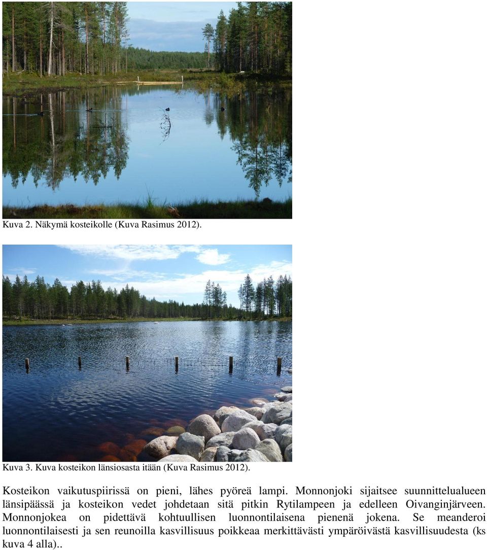 Monnonjoki sijaitsee suunnittelualueen länsipäässä ja kosteikon vedet johdetaan sitä pitkin Rytilampeen ja edelleen