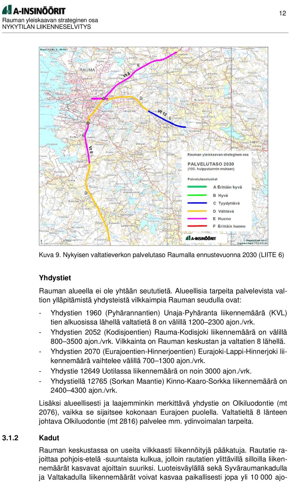 valtatietä 8 on välillä 1200 2300 ajon./vrk. - Yhdystien 2052 (Kodisjoentien) Rauma-Kodisjoki liikennemäärä on välillä 800 3500 ajon./vrk. Vilkkainta on Rauman keskustan ja valtatien 8 lähellä.