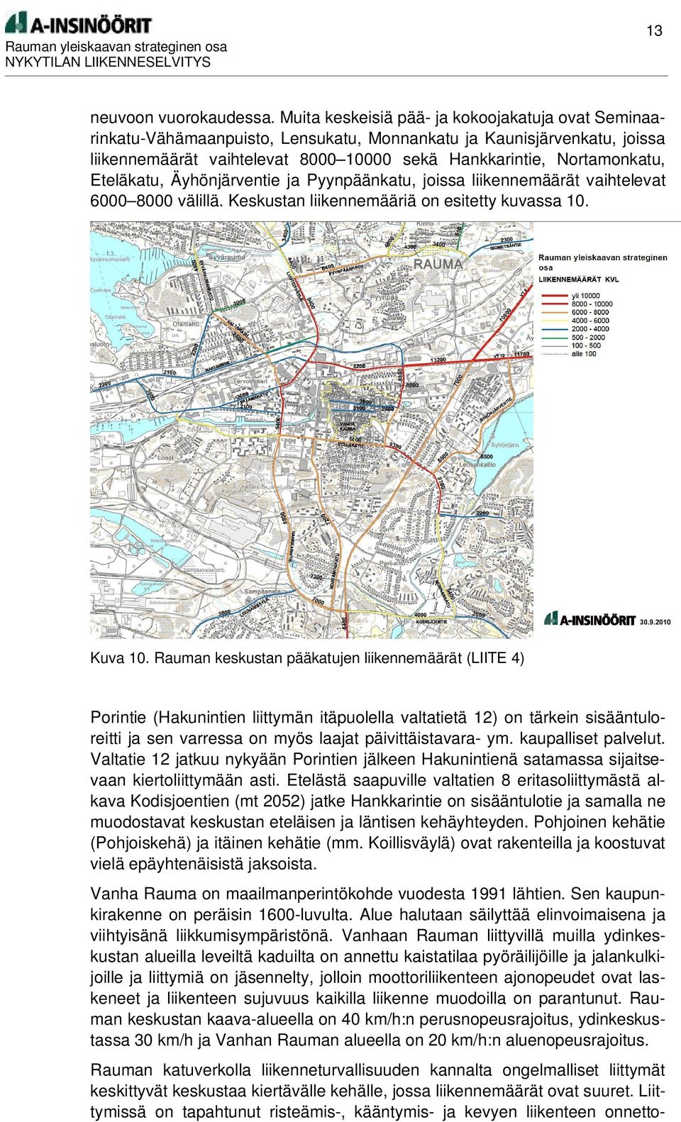 Eteläkatu, Äyhönjärventie ja Pyynpäänkatu, joissa liikennemäärät vaihtelevat 6000 8000 välillä. Keskustan liikennemääriä on esitetty kuvassa 10. Kuva 10.