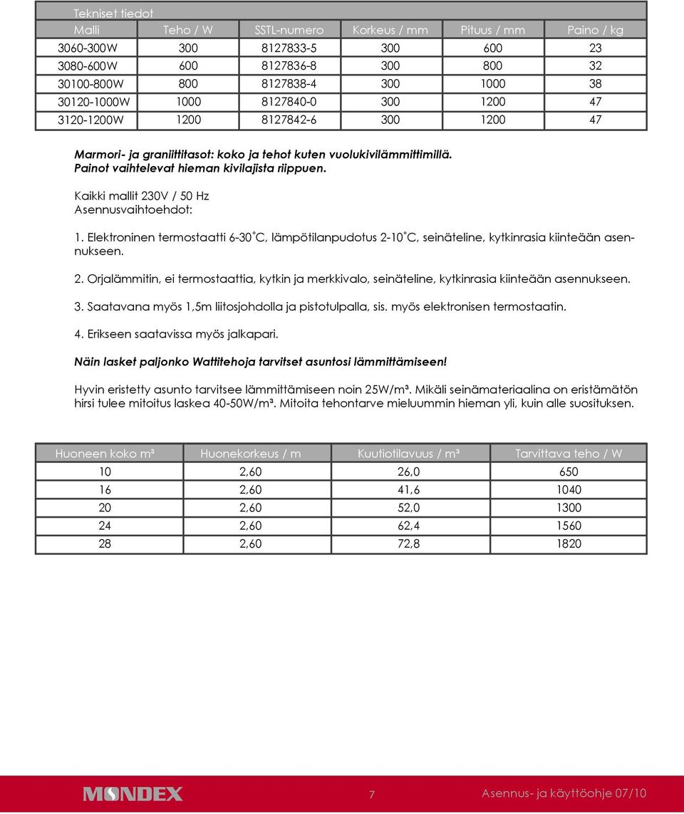 Kaikki mallit 230V / 50 Hz Asennusvaihtoehdot: 1. Elektroninen termostaatti 6-30 C, lämpötilanpudotus 2-10 C, seinäteline, kytkinrasia kiinteään asennukseen. 2. Orjalämmitin, ei termostaattia, kytkin ja merkkivalo, seinäteline, kytkinrasia kiinteään asennukseen.