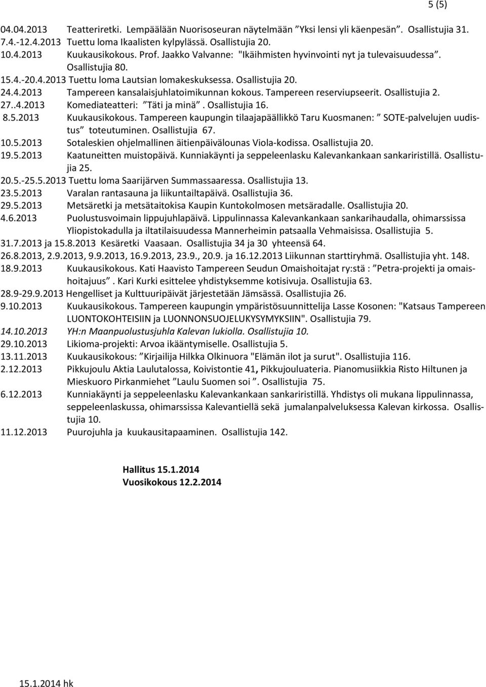 Tampereen reserviupseerit. Osallistujia 2. 27..4.2013 Komediateatteri: Täti ja minä. Osallistujia 16. 8.5.2013 Kuukausikokous.