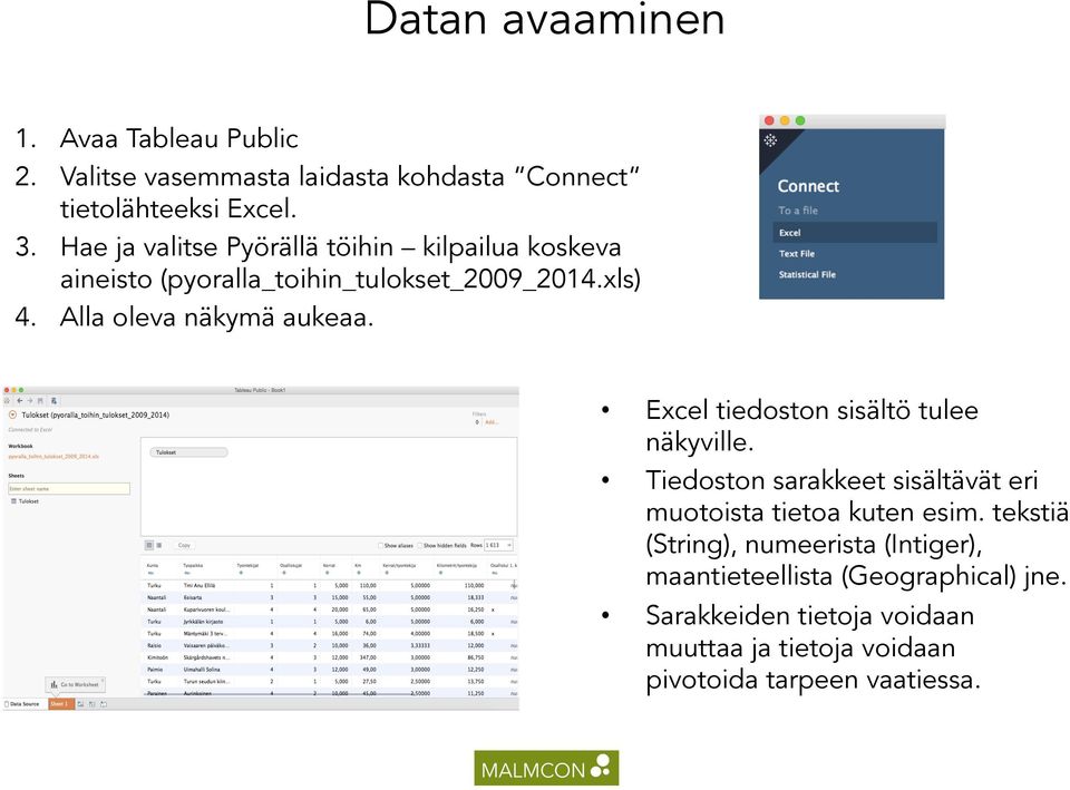 Excel tiedoston sisältö tulee näkyville. Tiedoston sarakkeet sisältävät eri muotoista tietoa kuten esim.