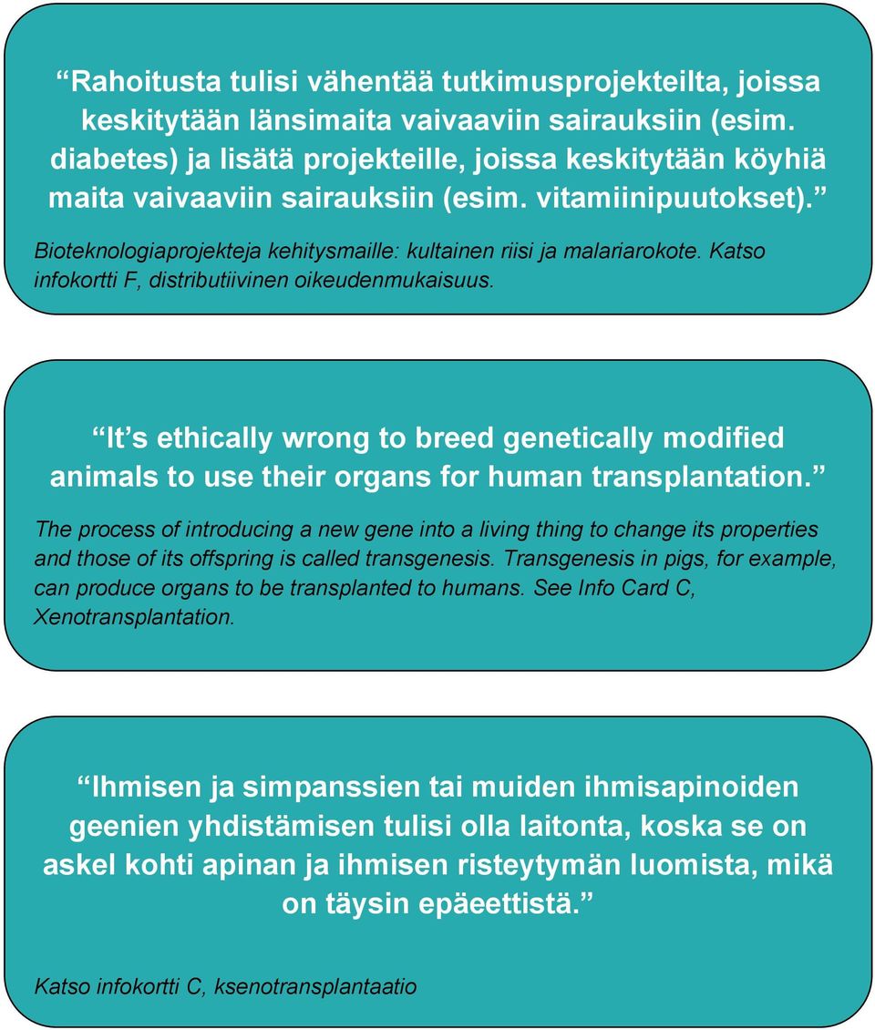 Katso infokortti F, distributiivinen oikeudenmukaisuus. It s ethically wrong to breed genetically modified animals to use their organs for human transplantation.