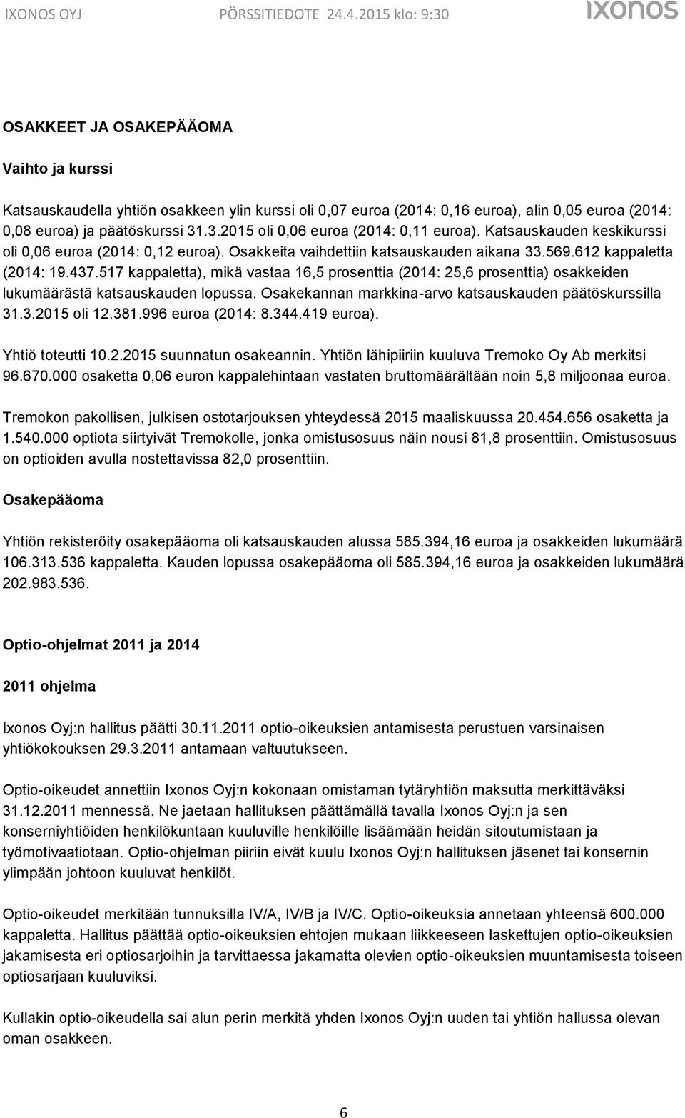 517 kappaletta), mikä vastaa 16,5 prosenttia (2014: 25,6 prosenttia) osakkeiden lukumäärästä katsauskauden lopussa. Osakekannan markkina-arvo katsauskauden päätöskurssilla 31.3.2015 oli 12.381.