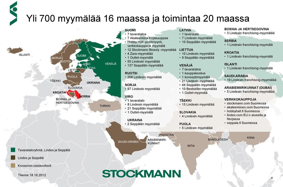 Lindexin myymälää NORJA 97 Lindexin myymälää VIRO 1 tavaratalo 8 Lindexin myymälää 21 Seppälän myymälää 1 Outlet-myymälä UKRAINA 2 Seppälän myymälää LATVIA 1 tavaratalo 7 Lindexin myymälää 10