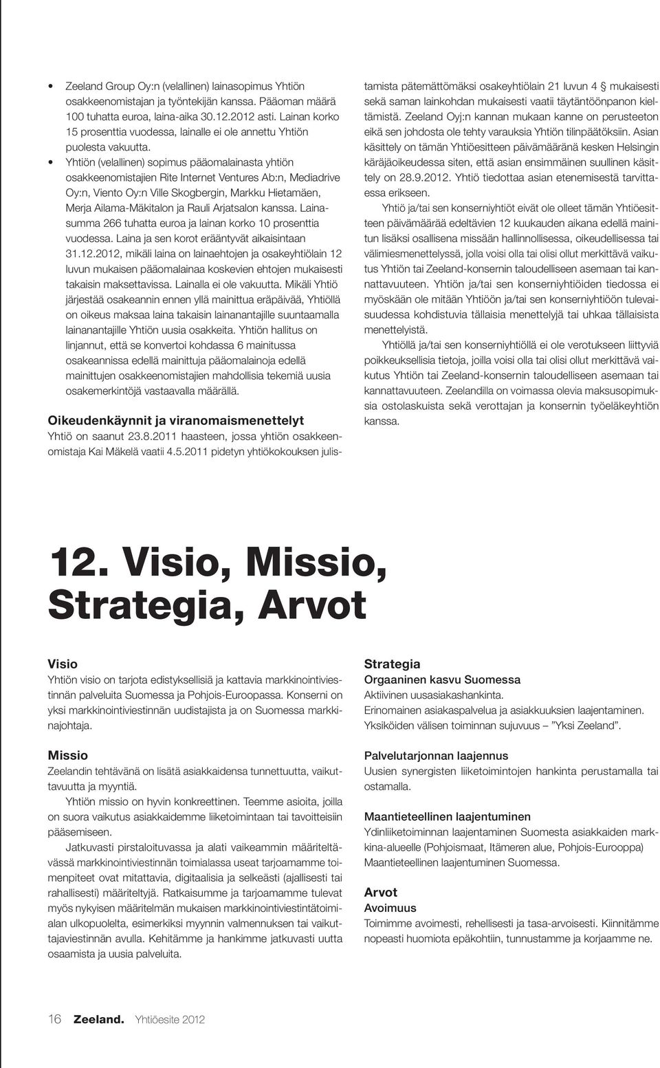 Yhtiön (velallinen) sopimus pääomalainasta yhtiön osakkeenomistajien Rite Internet Ventures Ab:n, Mediadrive Oy:n, Viento Oy:n Ville Skogbergin, Markku Hietamäen, Merja Ailama-Mäkitalon ja Rauli