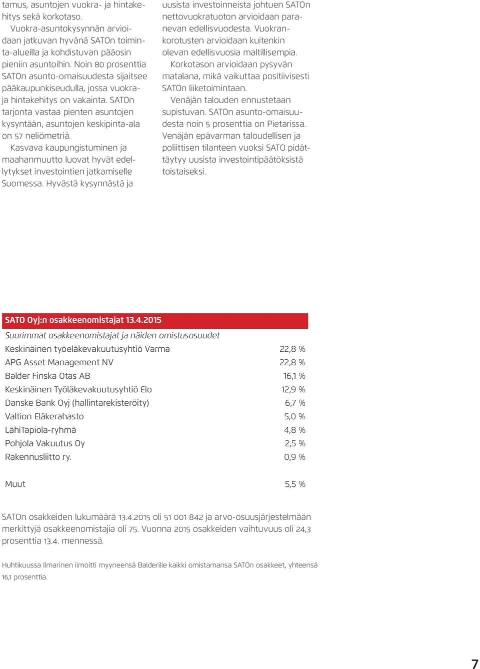 SATOn tarjonta vastaa pienten asuntojen kysyntään, asuntojen keskipinta-ala on 57 neliömetriä. Kasvava kaupungistuminen ja maahanmuutto luovat hyvät edellytykset investointien jatkamiselle Suomessa.