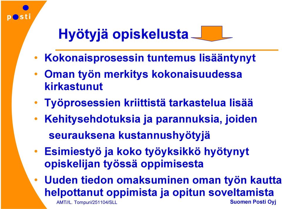 parannuksia, joiden seurauksena kustannushyötyjä Esimiestyö ja koko työyksikkö hyötynyt