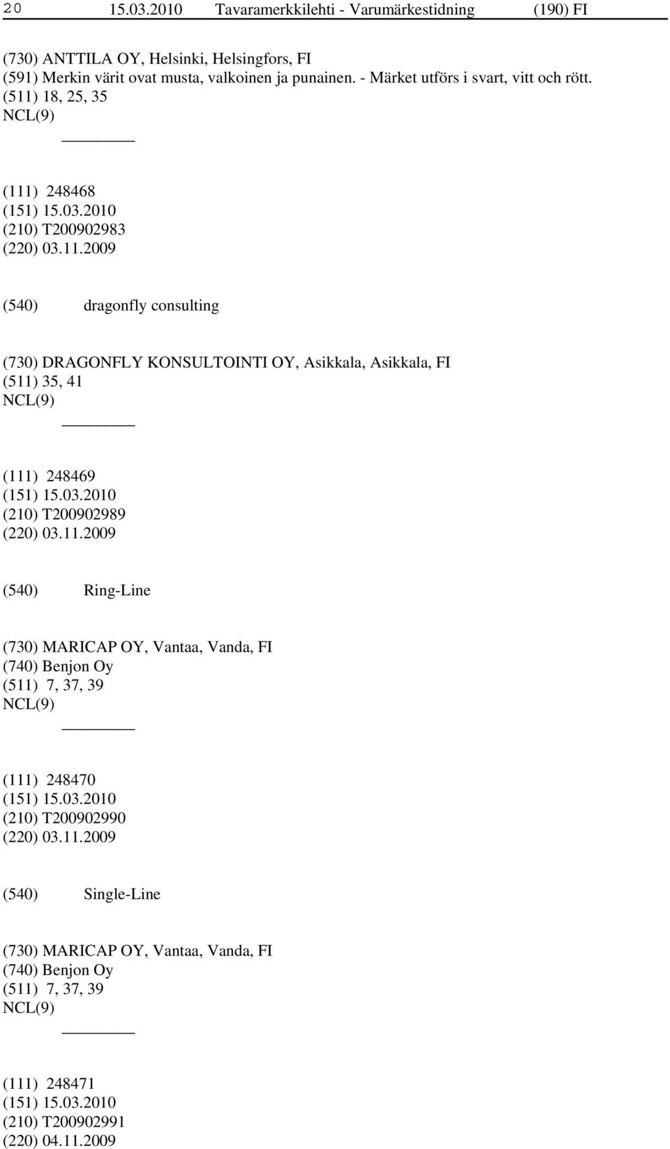 18, 25, 35 (111) 248468 (210) T200902983 (220) 03.11.2009 dragonfly consulting (730) DRAGONFLY KONSULTOINTI OY, Asikkala, Asikkala, FI (511) 35, 41 (111) 248469 (210) T200902989 (220) 03.