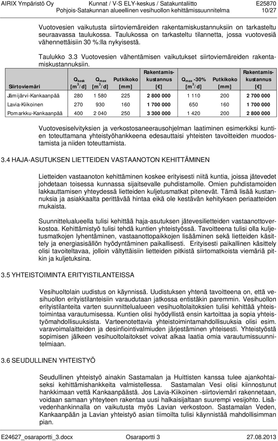 Siirtoviemäri Q kesk [m 3 /d] Q max [m 3 /d] Putkikoko [mm] Rakentamiskustannus [ ] Q max -30% [m 3 /d] Putkikoko [mm] Rakentamiskustannus [ ] Jämijärvi-Kankaanpää 280 1 580 225 2 800 000 1 110 200 2