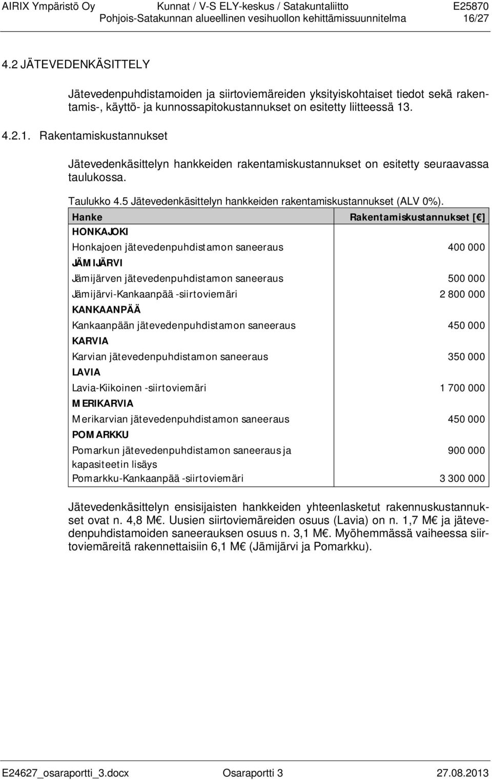 . 4.2.1. Rakentamiskustannukset Jätevedenkäsittelyn hankkeiden rakentamiskustannukset on esitetty seuraavassa taulukossa. Taulukko 4.5 Jätevedenkäsittelyn hankkeiden rakentamiskustannukset (ALV 0%).