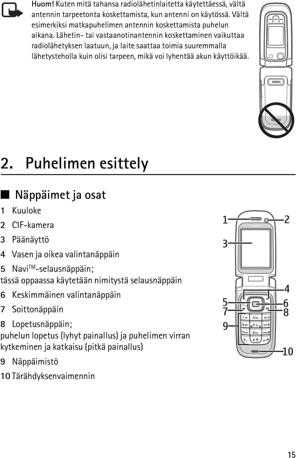 Lähetin- tai vastaanotinantennin koskettaminen vaikuttaa radiolähetyksen laatuun, ja laite saattaa toimia suuremmalla lähetysteholla kuin olisi tarpeen, mikä voi lyhentää akun käyttöikää. 2.