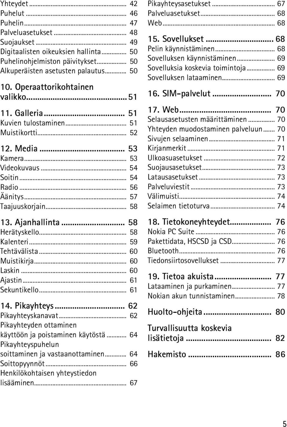 .. 58 13. Ajanhallinta... 58 Herätyskello... 58 Kalenteri... 59 Tehtävälista... 60 Muistikirja... 60 Laskin... 60 Ajastin... 61 Sekuntikello... 61 14. Pikayhteys... 62 Pikayhteyskanavat.