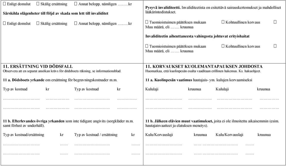 kruunua Invaliditeetin aiheuttaneesta vahingosta johtuvat erityishaitat Tuomioistuimen päätöksen mukaan Kohtuullinen korvaus Muu määrä, eli. kruunua 11.