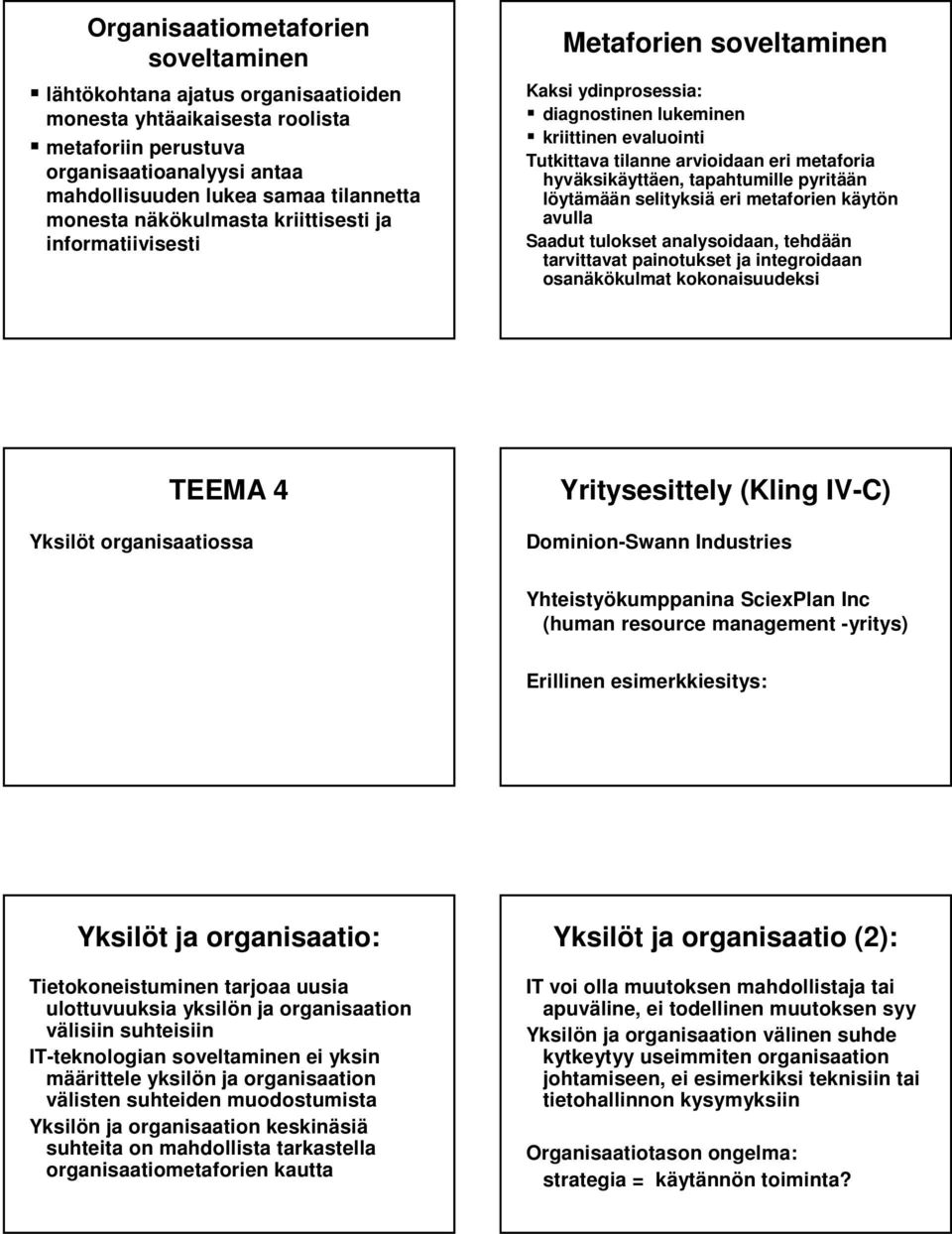 hyväksik ksikäyttäen, tapahtumille pyritää ään löytämään n selityksiä eri metaforien käytk ytön avulla Saadut tulokset analysoidaan, tehdää ään tarvittavat painotukset ja integroidaan osanäkökulmat