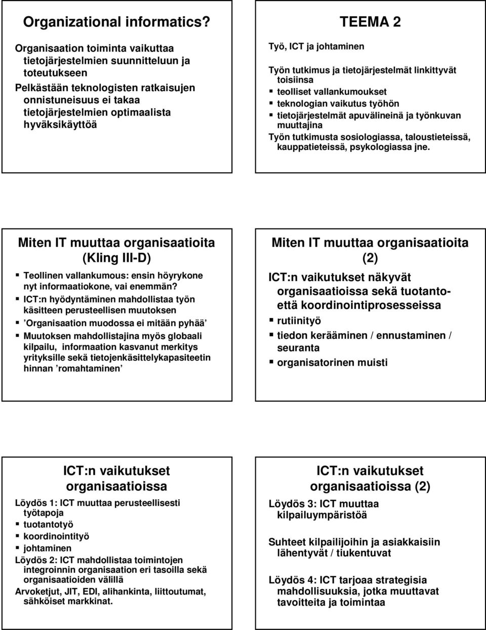 Työ,, ICT ja johtaminen TEEMA 2 Työn n tutkimus ja tietojärjestelm rjestelmät t linkittyvät toisiinsa teolliset vallankumoukset teknologian vaikutus työhön tietojärjestelm rjestelmät t apuvälinein