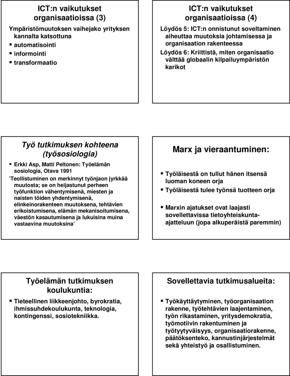 tutkimuksen kohteena (työsosiologia) Erkki Asp, Matti Peltonen: Työel elämän sosiologia, Otava 1991 Teollistuminen on merkinnyt työnjaon jyrkkää muutosta; se on heijastunut perheen työfunktion