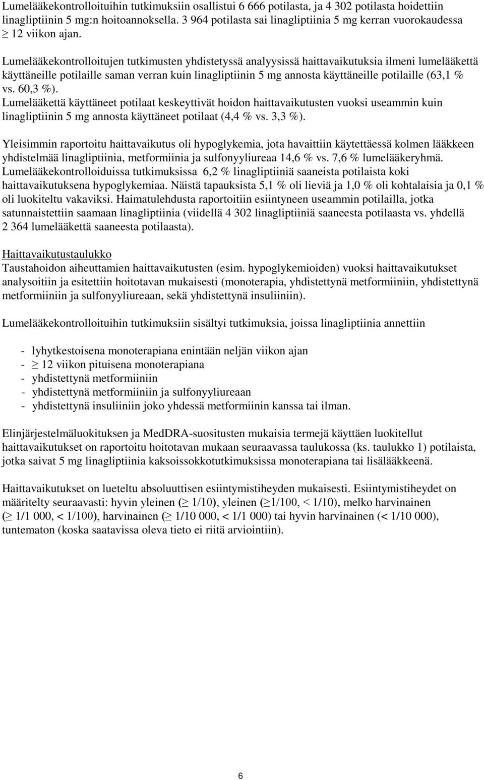 Lumelääkekontrolloitujen tutkimusten yhdistetyssä analyysissä haittavaikutuksia ilmeni lumelääkettä käyttäneille potilaille saman verran kuin linagliptiinin 5 mg annosta käyttäneille potilaille (63,1