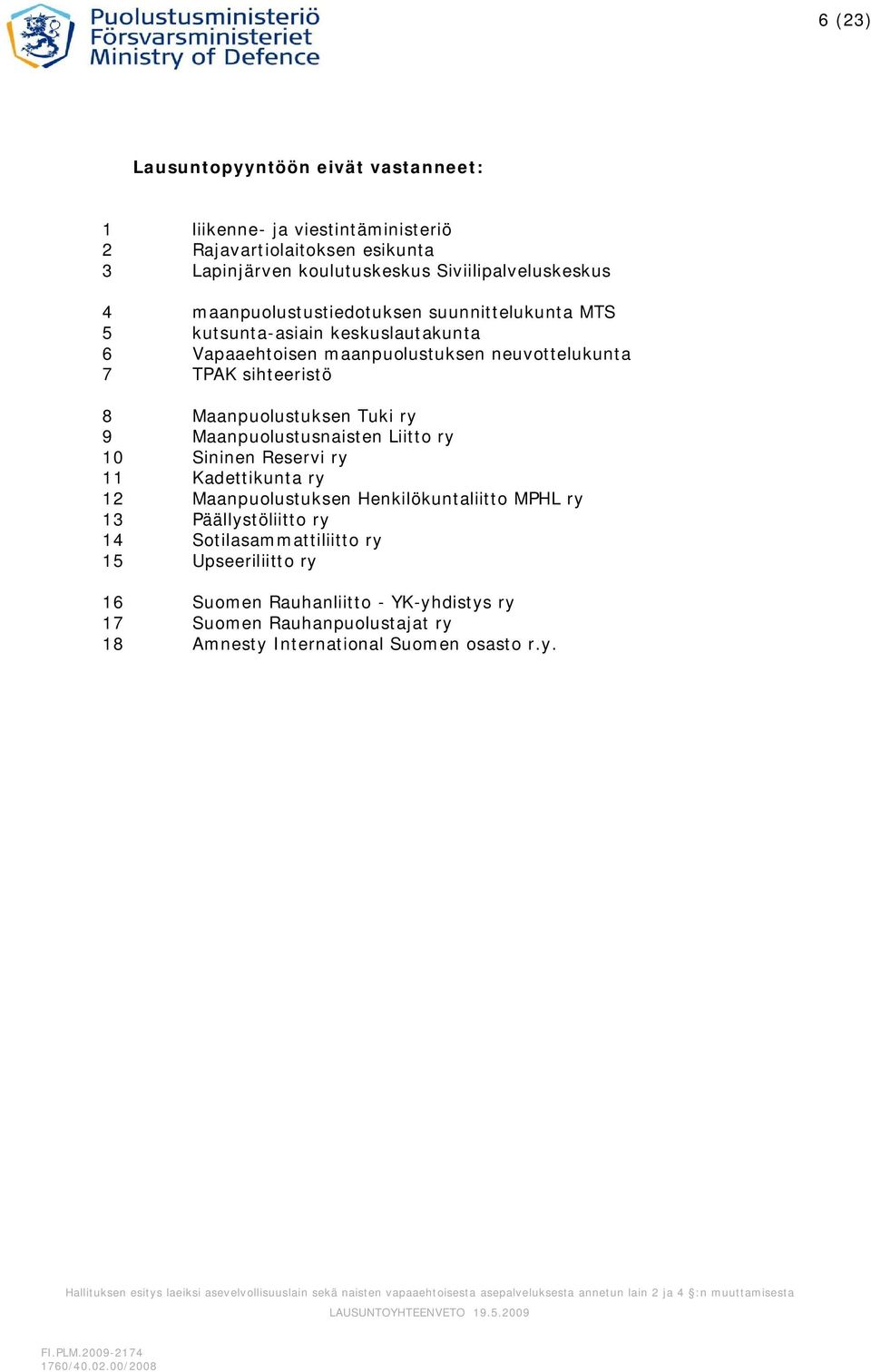 Maanpuolustuksen Tuki ry 9 Maanpuolustusnaisten Liitto ry 10 Sininen Reservi ry 11 Kadettikunta ry 12 Maanpuolustuksen Henkilökuntaliitto MPHL ry 13