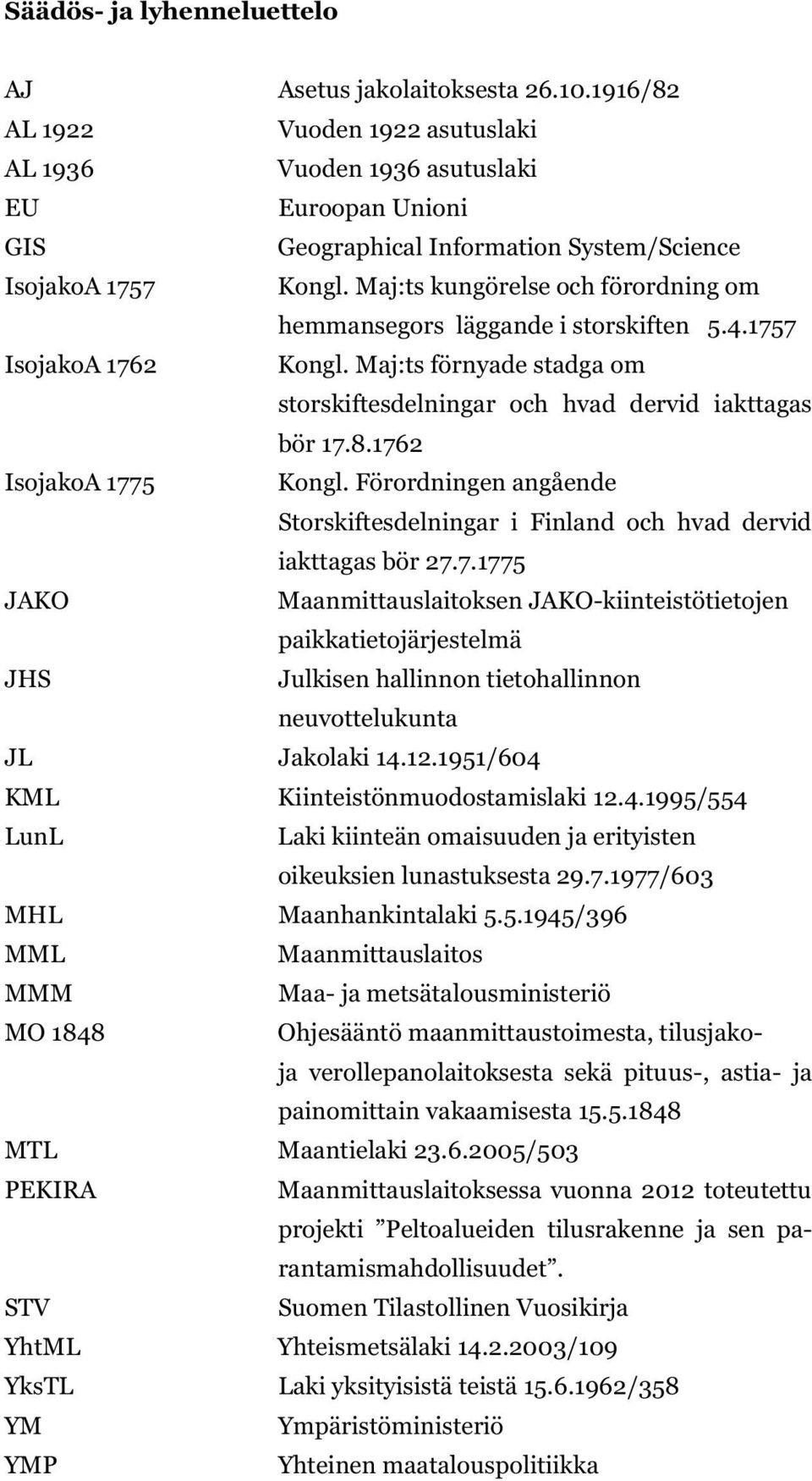 Maj:ts kungörelse och förordning om hemmansegors läggande i storskiften 5.4.1757 IsojakoA 1762 Kongl. Maj:ts förnyade stadga om storskiftesdelningar och hvad dervid iakttagas bör 17.8.