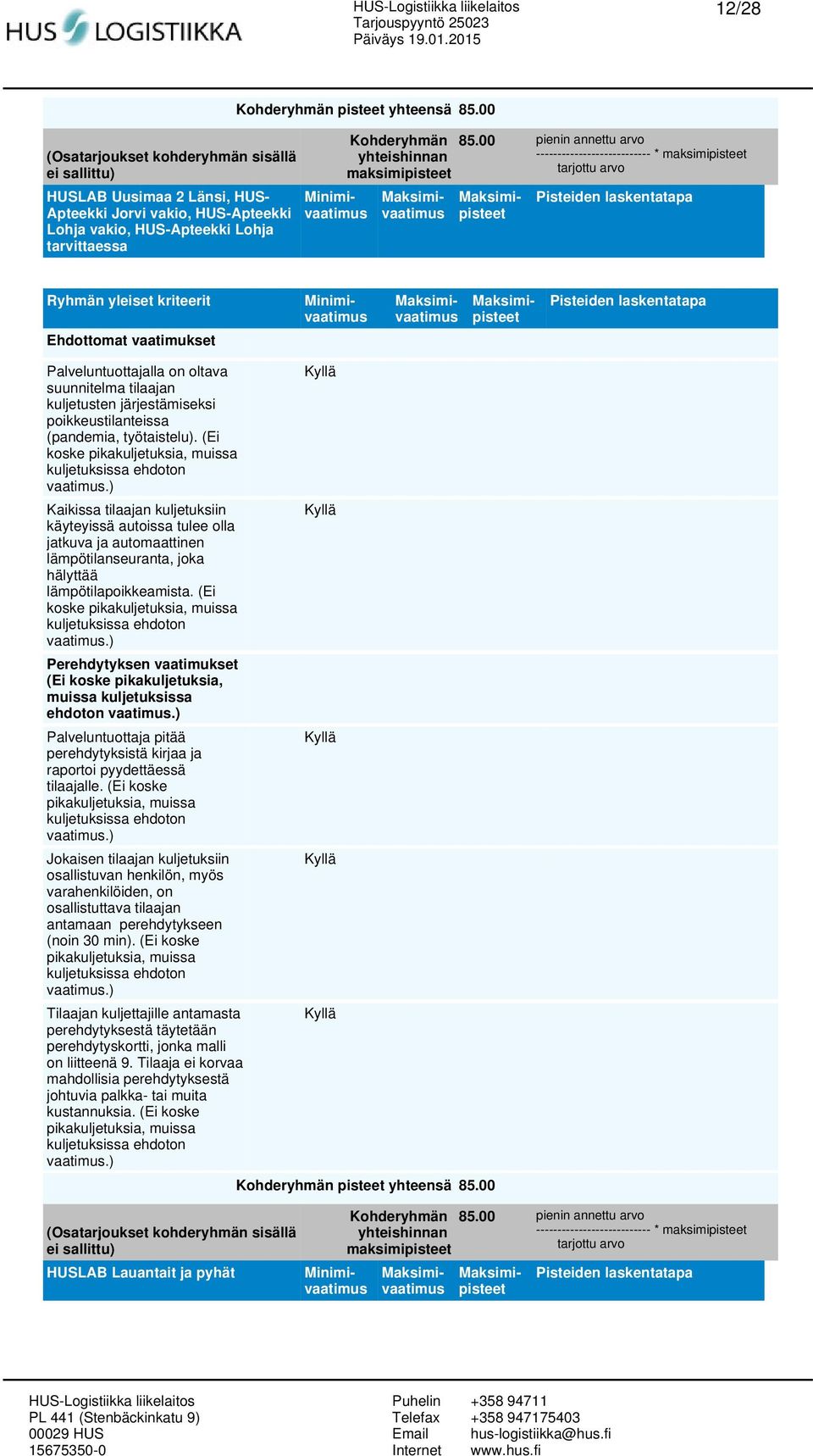 00 pienin annettu arvo --------------------------- * maksimipisteet tarjottu arvo Ryhmän yleiset kriteerit Ehdottomat vaatimukset Palveluntuottajalla on oltava suunnitelma tilaajan kuljetusten