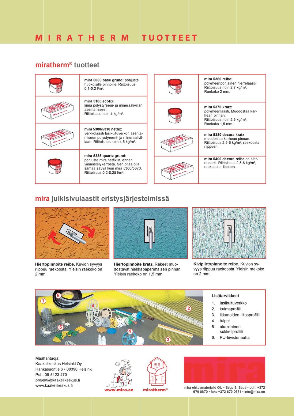 Riittoisuus noin 2,5 kg/m2. Raekoko 1,5 mm. mira 5300/5310 netfix: verkkolaasti lasikuituverkon asentamiseen polystyreeni- ja mineraalivillaan. Riittoisuus noin 4,5 kg/m2.