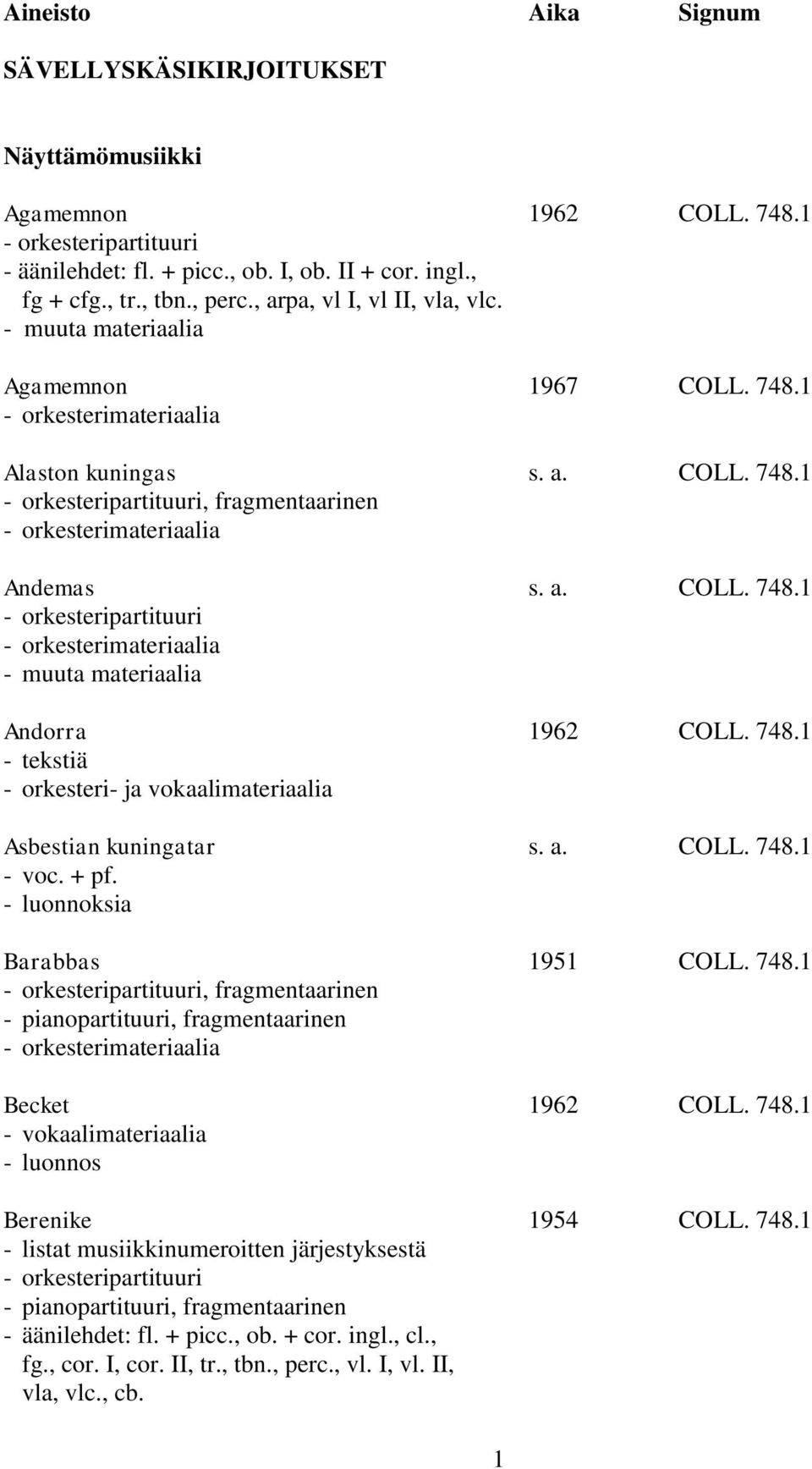 a. COLL. 748.1 - luonnoksia Barabbas 1951 COLL. 748.1, fragmentaarinen Becket 1962 COLL. 748.1 Berenike 1954 COLL. 748.1 - listat musiikkinumeroitten järjestyksestä - äänilehdet: fl.