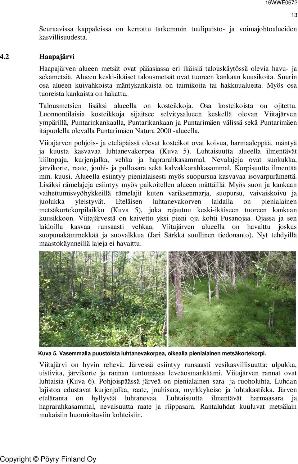 Suurin osa alueen kuivahkoista mäntykankaista on taimikoita tai hakkuualueita. Myös osa tuoreista kankaista on hakattu. Talousmetsien lisäksi alueella on kosteikkoja. Osa kosteikoista on ojitettu.