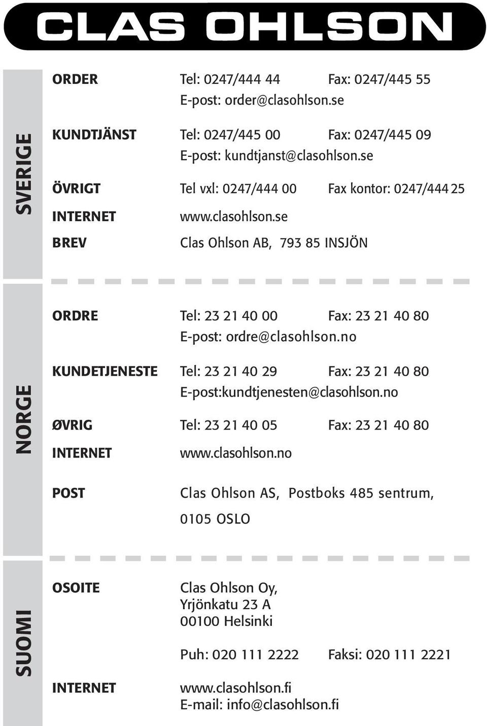 se BREV Clas Ohlson AB, 793 85 INSJÖN ORDRE Tel: 23 21 40 00 Fax: 23 21 40 80 E-post: ordre@clasohlson.