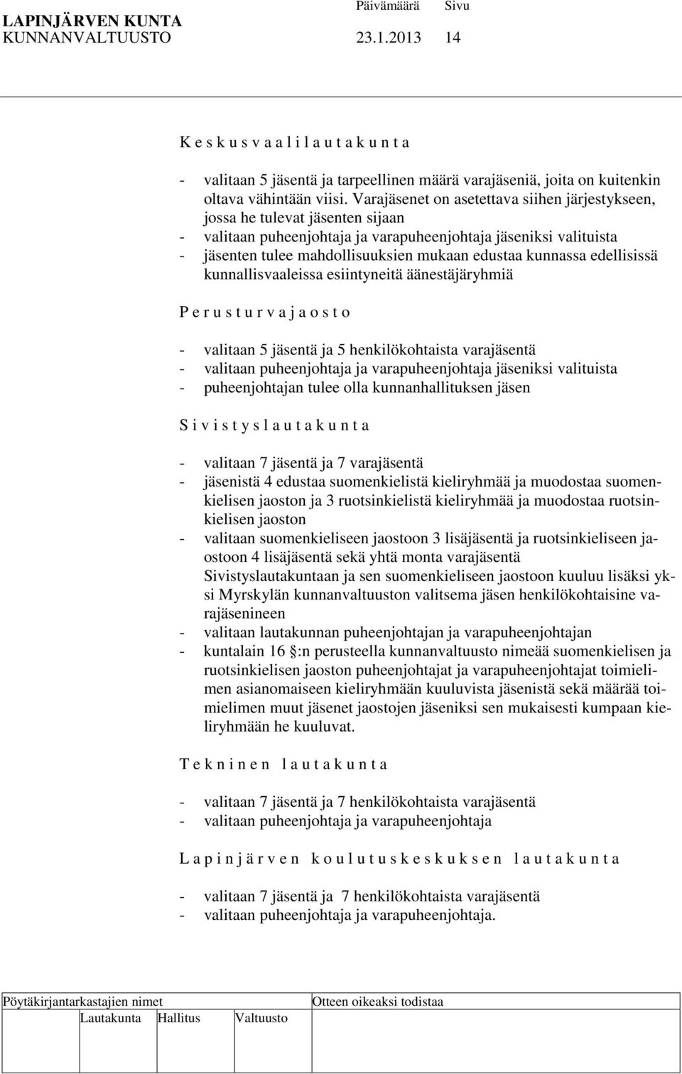 kunnassa edellisissä kunnallisvaaleissa esiintyneitä äänestäjäryhmiä P e r u s t u r v a j a o s t o - valitaan 5 jäsentä ja 5 henkilökohtaista varajäsentä - valitaan puheenjohtaja ja