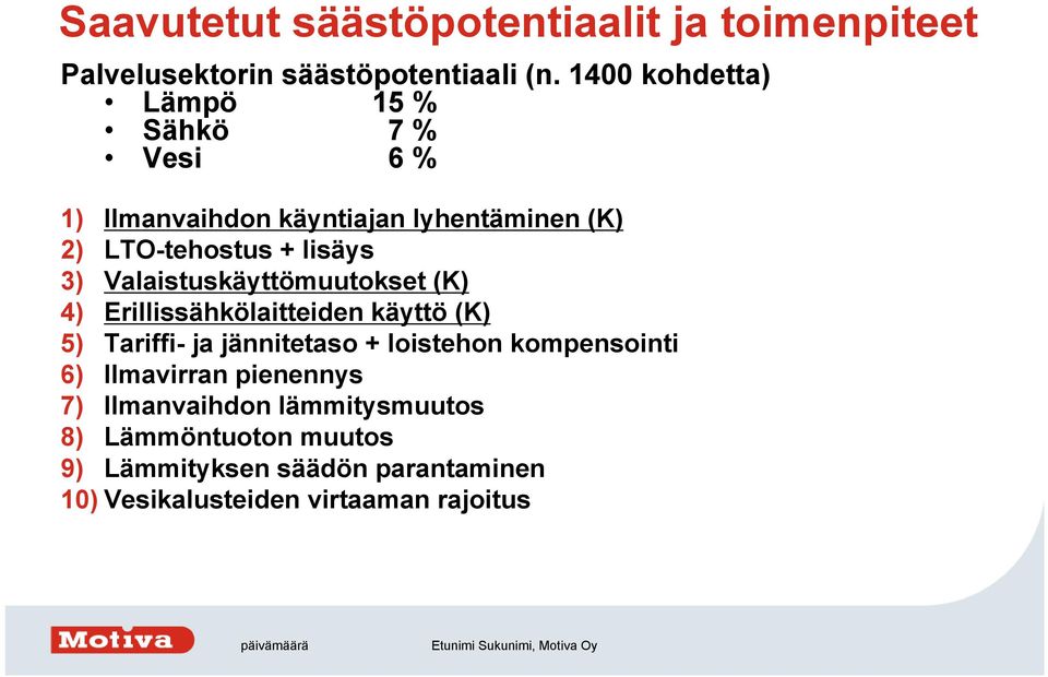 Valaistuskäyttömuutokset (K) 4) Erillissähkölaitteiden käyttö (K) 5) Tariffi- ja jännitetaso + loistehon kompensointi