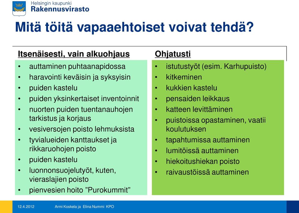 tuentanauhojen tarkistus ja korjaus vesiversojen poisto lehmuksista tyvialueiden kanttaukset ja rikkaruohojen poisto puiden kastelu luonnonsuojelutyöt, kuten,