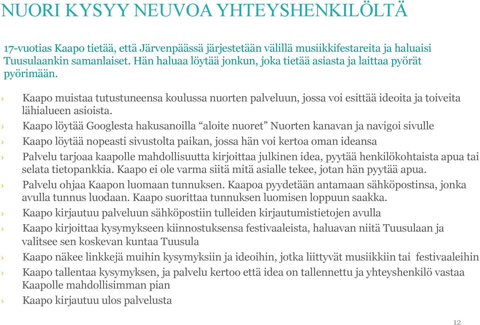 Kaapo löytää Googlesta hakusanoilla aloite nuoret Nuorten kanavan ja navigoi sivulle Kaapo löytää nopeasti sivustolta paikan, jossa hän voi kertoa oman ideansa Palvelu tarjoaa kaapolle mahdollisuutta