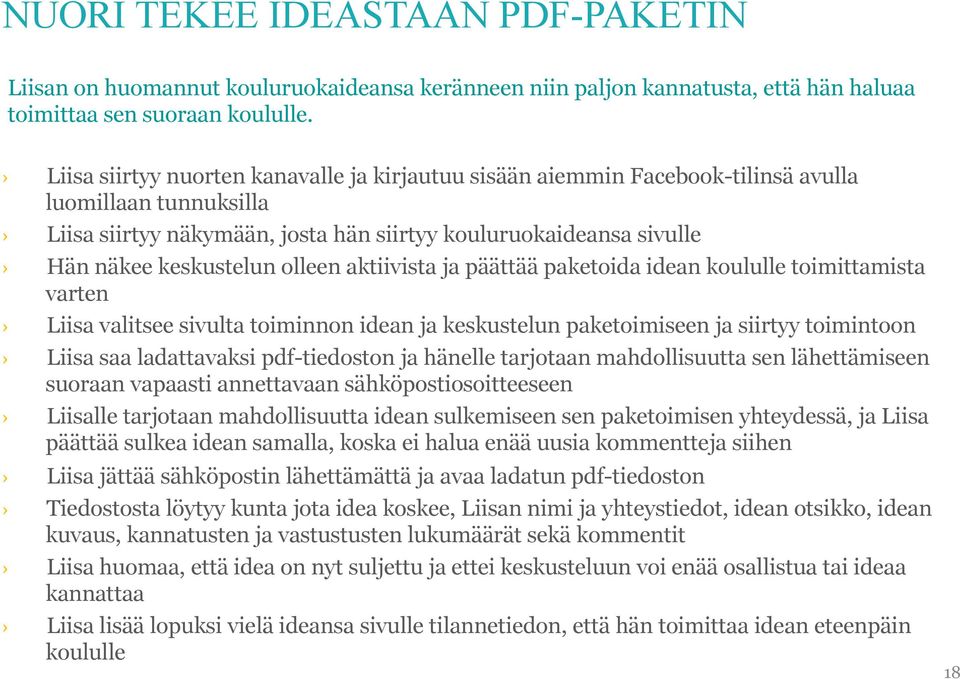 olleen aktiivista ja päättää paketoida idean koululle toimittamista varten Liisa valitsee sivulta toiminnon idean ja keskustelun paketoimiseen ja siirtyy toimintoon Liisa saa ladattavaksi