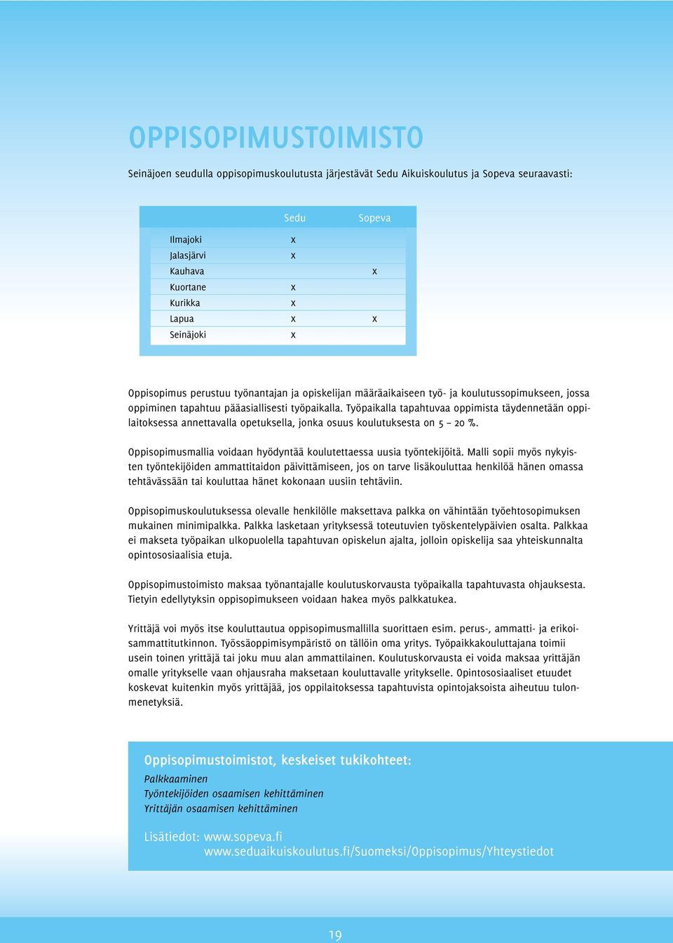 Työpaikalla tapahtuvaa oppimista täydennetään oppilaitoksessa annettavalla opetuksella, jonka osuus koulutuksesta on 5 20 %. Oppisopimusmallia voidaan hyödyntää koulutettaessa uusia työntekijöitä.