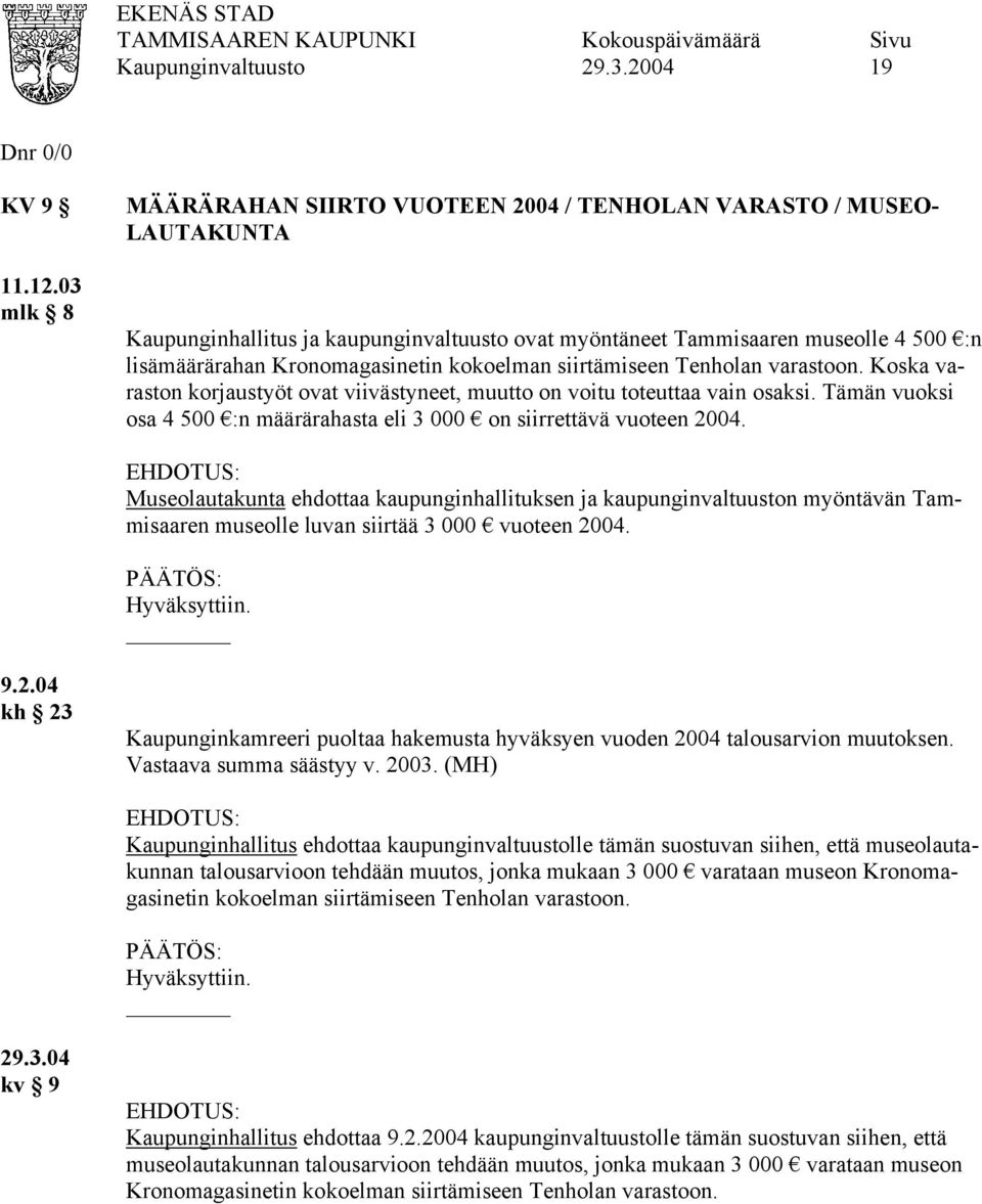 kokoelman siirtämiseen Tenholan varastoon. Koska varaston korjaustyöt ovat viivästyneet, muutto on voitu toteuttaa vain osaksi.