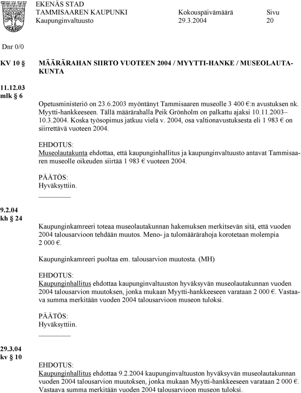 Museolautakunta ehdottaa, että kaupunginhallitus ja kaupunginvaltuusto antavat Tammisaaren museolle oikeuden siirtää 1 983 vuoteen 20