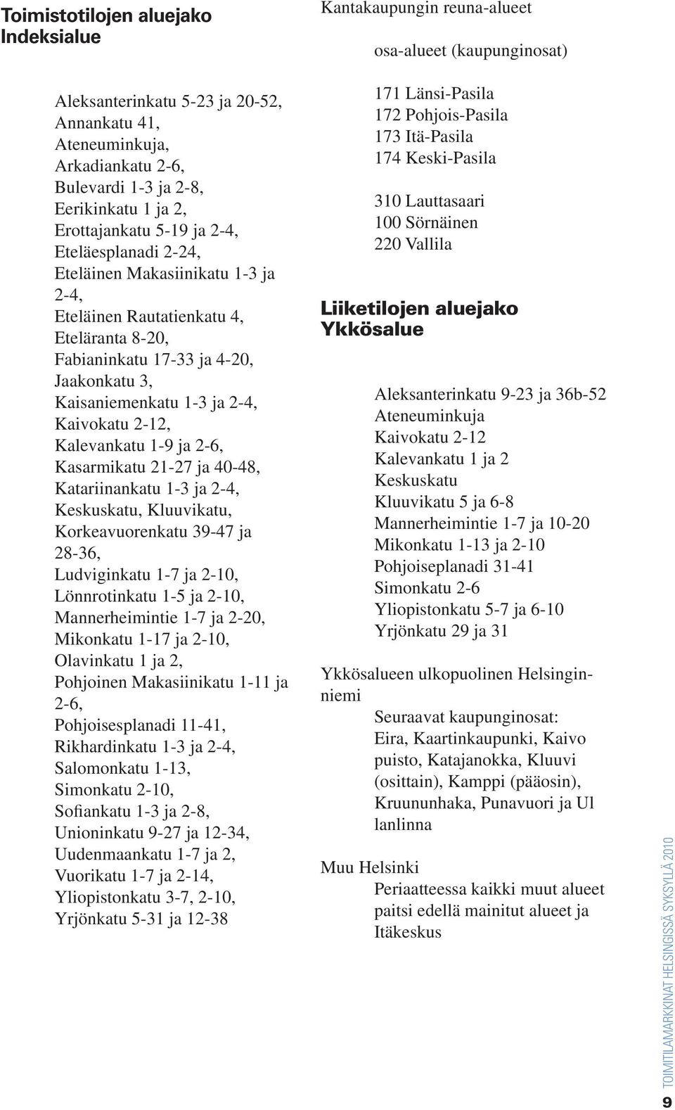 Kasarmikatu 21-27 ja 40-48, Katariinankatu 1-3 ja 2-4, Keskuskatu, Kluuvikatu, Korkeavuorenkatu 39-47 ja 28-36, Ludviginkatu 1-7 ja 2-10, Lönnrotinkatu 1-5 ja 2-10, Mannerheimintie 1-7 ja 2-20,